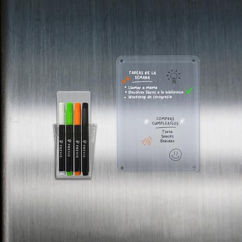 PREVIS Pizarra Magnetica Nevera Transparente Minimalista y Estilosa A5 para Anotar Tareas, Menú, Lista Compra con 4 Rotuladores de Colores Vivos y Soporte Imantado - Board Iman Nevera para Organizar