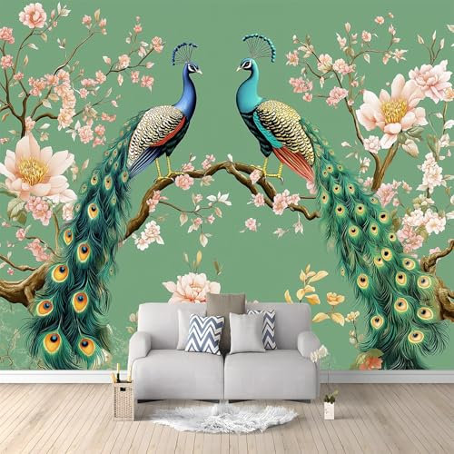 Photo Wallpaper Green Peacock Peony Flowers 250x175 cm Non-Woven Wall Mural, 3D Wallpaper Roll Mural, Moderne Living Room Bedroom Art Poster Mural Wallpaper