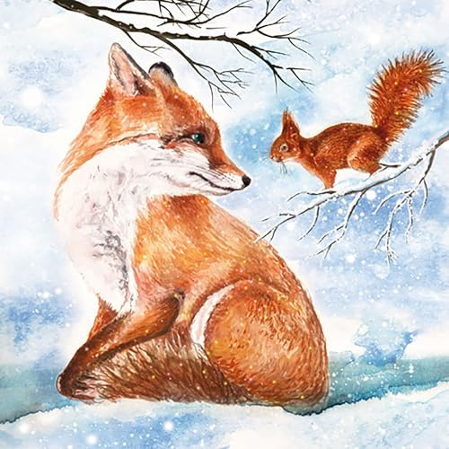 Servietten Papier 33x33cm 20 Stück Fuchs und Eichhörnchen - hochwertig & nachhaltig - Einweg Winterservietten 3-lagig - Papierservietten für Winter & Weihnachten Gastronomie Alltag - Weiß Braun