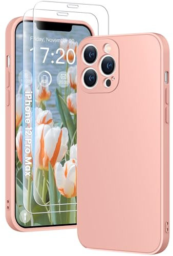 HuwaiH 3 in 1 Hülle für iPhone 12 pro max, mit 2 Stück 9H 0.33mm Panzerglas, Upgraded Kameraschutz, Kratzfeste Stoßfeste Handyhülle für iPhone 12 pro max(Rosa)