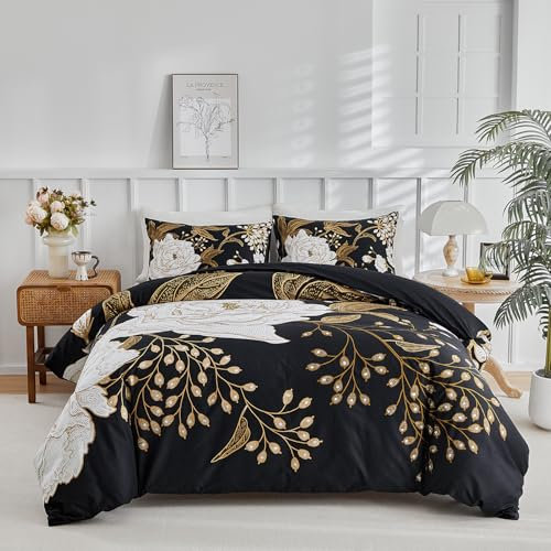 mixinni Bettwäsche-Set für Doppelbett, XL, 3-teilig, botanische Bettwäsche, weiße Blumen und goldene Blätter, gedruckt auf schwarz, weich, flauschig, wendbar, Bauernhaus, Boho-Tröster für alle