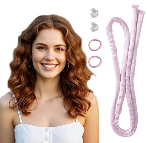 AhhiAboo Pack of 5 Satin Curling Iron Headbands - Heatless Curlers Without Heat Curlers Overnight Curlers During Sleep - Styling Set with Hair Clips for Long and Medium Length Hair (Pink)