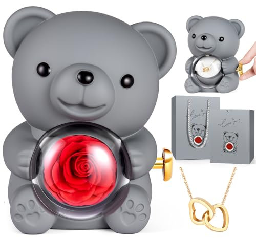 goldmiky Ewige Rosen Bär Geschenkbox, Rosenbox Bär, Rosen Bär Konservierte Blumen, Geschenke für Mutter,für Damen, Weihnachten, Valentinstag, Geburtstag (Grau)