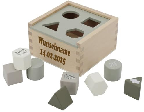 Elefantasie Formenspiel Sortierbox aus Holz mit Namen und Geburtsdatum graviert div. Farben (Oliv)