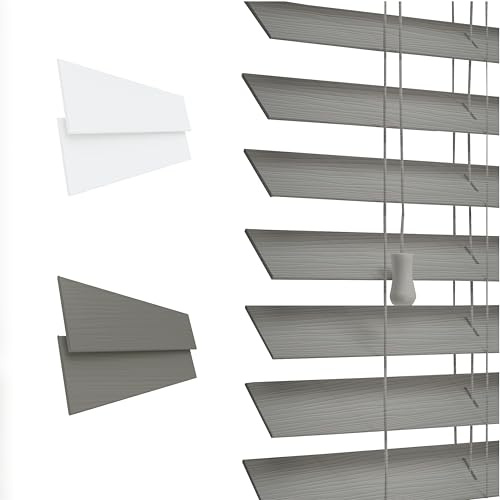 Funky Gadgets Custom Made to Measure Faux Wood Venetian Blinds Faux Wooden Blinds window Venetian Blind 50mm Horizontal Embossed Slats Silver/Grey String Child Safe (Nimbus Grey, W90cmxL150cm)