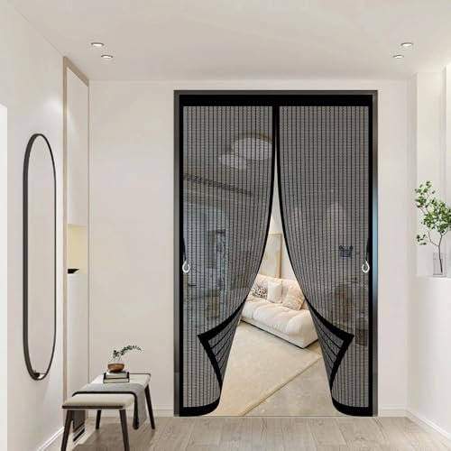 Fliegengitter Magnet Tür 98 x 198 cm Anpassbar, Lichtdurchlässig, Einfache Montage, Selbstschließend, Fliegen Gitter Tür für Schlafzimmertür, Fenstertür, Schwarz