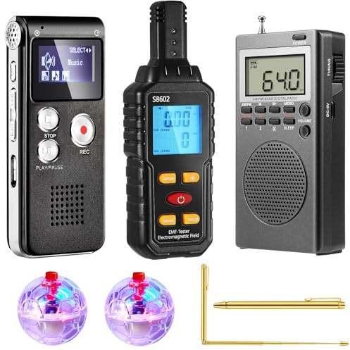 Grinsvalley 7 in 1 Ghost Hunting Equipment Kit Investigation Paranormal | 1 EMF Meter 1 Hand Held Radio 2 LED Light Cat Ball 1 Digital EVP Voice Recorder 2 Dowsing Rods Paranormal Tool for Detection