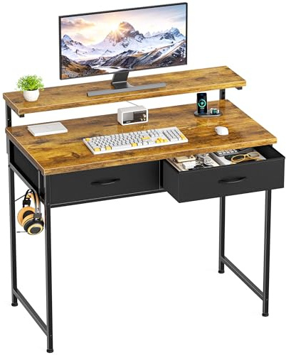 Computer Desk with Adjustable Monitor Stand, 2 Storage Drawers Vintage 80cm | Gaming Desk , Home Table, Office Desk with Headphone Hook, Modern Style, for Workers, Gamers and Students