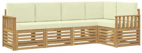 vidaXL Ecksofa Set mit Kissen 5 pcs Weiß und Creme Massivholz Akazie, Garten, modernes Ecksofa, Möbel für draußen, Loungesessel, Bequeme Terrassensitzgruppe