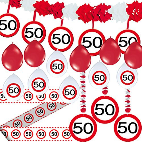 CARPETA 23-TLG. Partyset * 50. Geburtstag * mit Verkehrschild Deko: Girlande + Rotorspiralen + Absperrband und vielen Luftballons Dekoset Dekobox Verkehrsschild