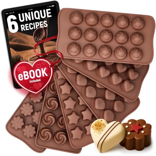 Chocolate Moulds Silicone - Set of 6 - Non-Stick & Food Grade Silicone Chocolate Mould for Jelly Candies, Truffles, Bath Melts & Candles - Free Recipes eBook - Gift-Ready for St.Valentine