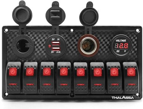 8 Gang Marine Switch Panel Waterproof - Red Indicator Switches, Cigarette Lighter Socket Lighter, Digital Voltmeter Display, Dual 5V USB Charger Socket, DC 12V Slot, Light Housing-Motor