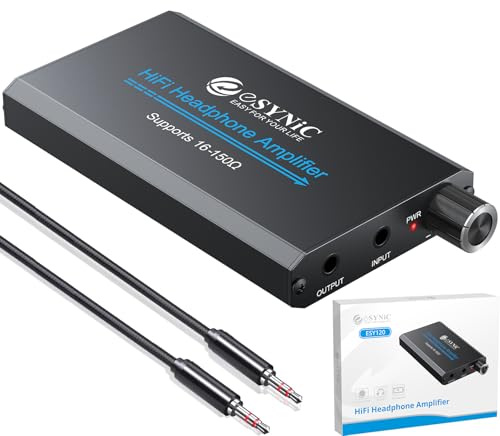 eSynic 16-150Ω Headphone Amplifier Poratble- HiFi 3.5MM Audio Headphone Amp Rechargeable with 2-Stage Gain Switch-Aluminum Alloy Body & 12H Playtime for Car/MP3&4/Phone/PC/Laptop (3.5mm AUX)