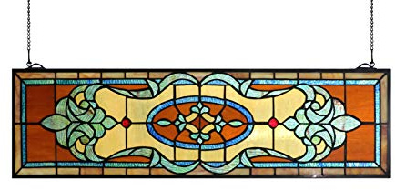 Yolic 32 Inch Width Horizontal Stained Glass Window Hangings Tiffany Glass Window Panel 9 Inch Height