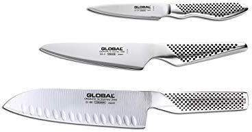 Global G-80338-Juego de cuchillos de 3 piezas con Santoku – Suelo hueco, utilidad y cuchillo de pelar