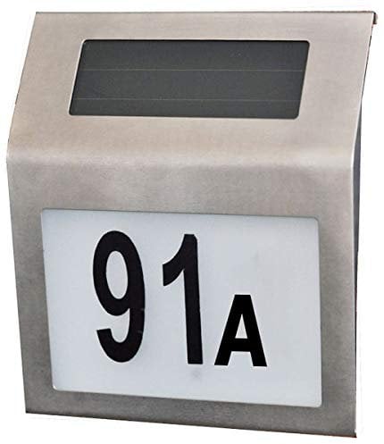 Gravidus Edelstahl Solar-Hausnummer mit LED-Beleuchtung, witterungsbeständig, inkl. Ziffern & Buchstaben, energiesparend, selbstklebend, ideal für den Eingangsbereich