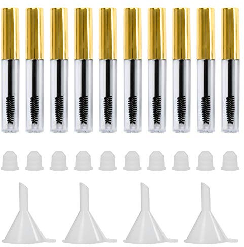 10 Stück 4ml Leere Mascara Flasche Wimperntusche Tube Mascara Leer Behälter mit Wimpernstab Gummi-Einsätze und Trichter-Kit für Rizinusöl (Gold)