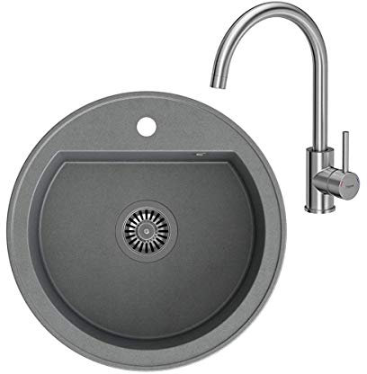 VBChome Spüle Grau 51cm + Armatur Einbauspüle Einzelbecken gesprenkelt Spülbecken Waschbecken + Siphon + Wasserhahn Küchenarmatur Einhebel Mischbatterie