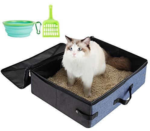 HiCaptain Litière portable pour chats pour voyage, litière flottante avec couvercle et poignée - Porte-litière pliable standard pour chat (taille L, noir/bleu)