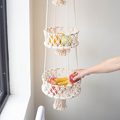 URMAGIC 3 Tier Hanging Fruit Basket for Kitchen, Macrame Hanging Basket with Tassel,110cm Boho Decor Hanging Plant Holder,White Macrame Vegetable Organizer,Indoor Planter Hangers