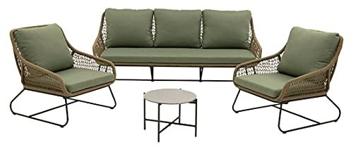 OUTLIV. Gartenlounge Portofino Set 4-teilig aus Edelstahl/Rope, inkl. Beistelltisch, 3-Sitzer, 2 Sessel, Loungemöbel für Terrasse und Balkon, Olivgrün