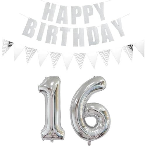 Luftballons Zahl 16 + Happy Birthday Girlande + banner Folienballon 16.Geburtstags deko Mädchen jungen Silber ballons 16 Jahre Geburtstag deko Zahlenballon 16 Geburtstag dekoration Mädchen junge(16)