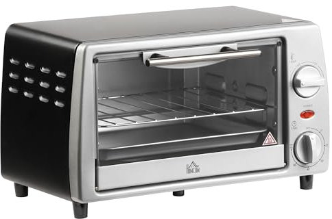 HOMCOM Horno Eléctrico Sobremesa 10 Litros 750W Horno Eléctrico Pequeño con Temperatura hasta 230 ℃ Temporizador 60 Minutos Bandeja y Rejilla 36,5x26x22 cm Plata