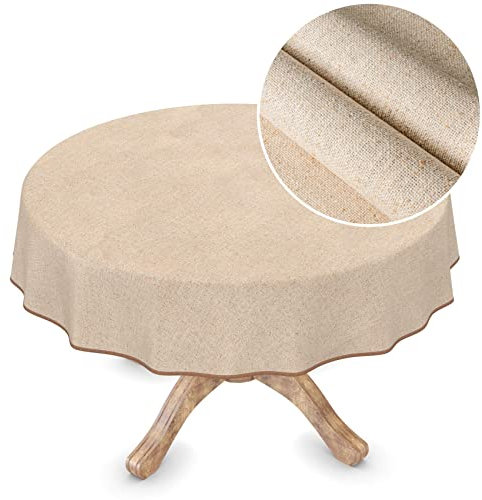Wachstuchtischdecke Textil Tischdecke Wachstuch abwaschbar Leinenoptik Beige Uni Nachhaltig Rund 140cm