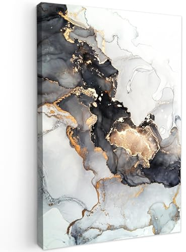 MuchoWow Leinwand Bilder, Einzigartige Wanddeko mit Rahmen, Marmor - Schwarz - Weiß - Gold - Luxus - Abstrakt, Wandbilder Wohnzimmer, Deko Schlafzimmer 40x60 cm