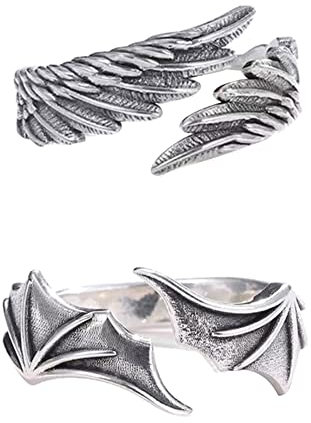 BYNYXI Engel Teufel Paar Ringe, Verstellbare Partnerringe 925 Sterling Silber Ring mit Flügel und Teufelsmotiv, Vintage Offener Ring Schmuck für Damen und Herren