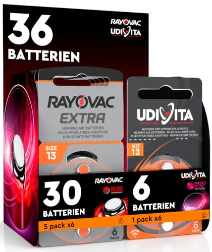 36 Hearing Aid Batteries Size 13 (Orange) PR48 | Zinc-Air with Phono Pulse Technology - 36 Batteries: 30 Rayovac + 6 Udivita