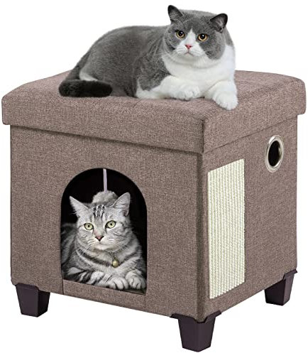 BRIAN & DANY Faltbare Katzenhöhle Große Katzen, Katzenhaus Höhle für Katzen mit Kratzbrett und Spielball, Sitztruhe Sitzhocker Fußhocker mit Holzfüßen 37 x 31.8 x 36 cm, Braun