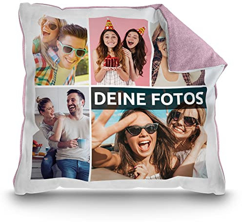 PR Print Royal Kissen mit Fotocollage selbst gestalten - mit 5 Fotos Personalisieren - Geschenk für Freunde und Familie | Rückseite Pastellrosa, inkl. Kissenfüllung, 40x40cm