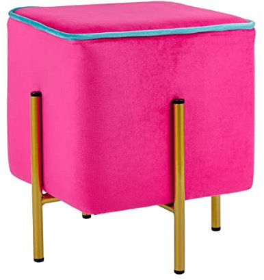 Baroni Home Quadratischer Samt-Fußhocker, gepolsterter Pouf für das Wohnzimmer, Ottomane für das Schlafzimmer, Fuchsia mit türkisem Rand, 33x33x38 cm