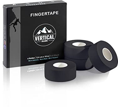 VERTICAL FELLOWS® Klettertape - DERMATEST sehr gut - mit PDF Tapeanleitung ideales Fingertape für Klettern Bouldern Kraftsport Volleyball Handball Kampfsport (4 Rollen - 2,4cm breit - schwarz)