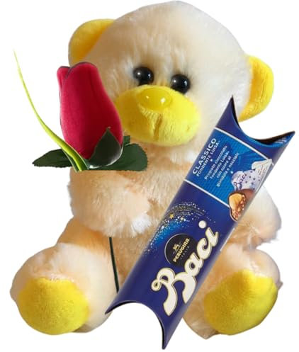 Idea Regalo Maestre - Peluche Occhi Dolci Giallo Vivace 16cm + 37,5gr Baci Perugina + Rosa Rossa- Regalo Uomo e Donna