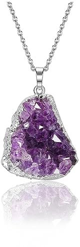 GEHECRST Damen Amethyst Druse Halskette Kristall Kette Natürliche Kristallcluster Anhänger mit Kette Heilsteine Anhänger Glücksbringer Schmuck für Frauen Mädchen