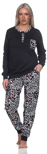 Normann Damen Kuschel Interlock Schlafanzug mit Bündchen in Animal-Print-Optik, Farbe:schwarz, Größe:56-58