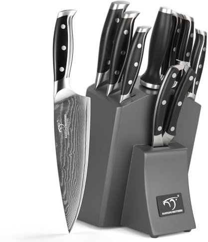 Damas 9 Pièces Set Couteaux de Cuisines Professionnels 67 Couche Acier with Bloc en Bois Gris