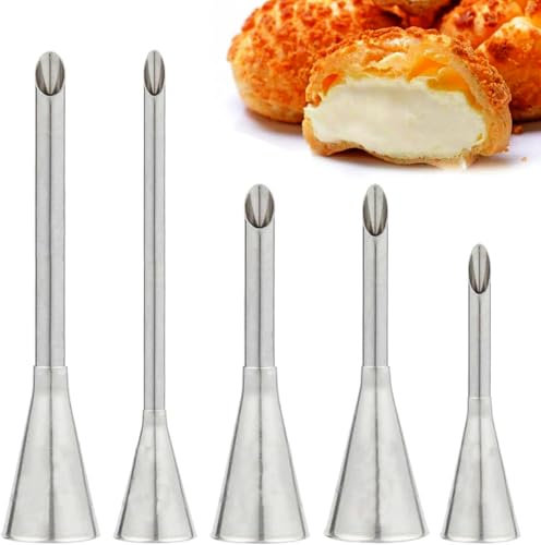 5PCS Spritztüllen Fülltülle, BetterJonny Fülltülle zum Backen Spritztüllen zum Füllen von Krapfen Lang Spritztüllen Set zum Füllen von Marmeladen Blätterteig Donuts Brot Cupcake Puffs
