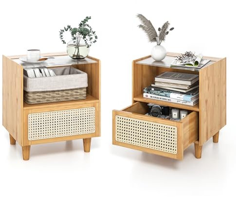 RELAX4LIFE Nachttisch mit Rattan-Schublade & Offenem Regal, Nachtschrank mit Glastischplatte & Kabelschlitze, Nachtkonsole aus Bambus, Beistelltisch für Wohnzimmer Schlafzimmer (2, Natur)