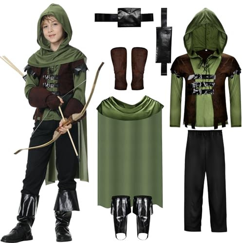 JONRRYIN Kinder Robin Hood Kostüm, Bogenschütze Kinder Kostüm, Prinz der Diebe Kostüm für Jungen, Waldläufer Krieger Jungenkostüm für Kinder zu Karneval, Fasching, Fastnacht (XXL)