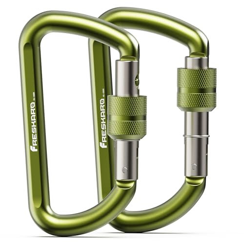 FresKaro 3inch Locking Carabiner Clips Heavy Duty, Strong 12kN Screw-gate Aluminum Carabina, Karabiner Hooks, Rust free, Lightweight, for Dog Lead, Hammocks, Swing, Camping, Key, D-Shaped, 2Pack,Green