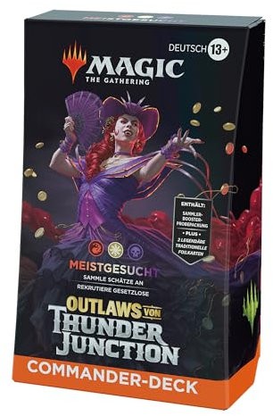 Magic: The Gathering – Outlaws von Thunder Junction Commander-Deck – Meistgesucht (Deck mit 100 Karten, Sammler-Booster-Probepackung mit 2 Karten und Zubehör) (deutsche Version)