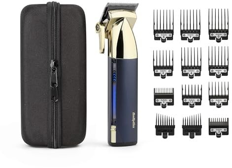 BaByliss Super-X Metal Series, Cordless Hair Clipper - Japanese Steel Blades, 10 Comb Attachments, 2 Tapered Guides, Lithium Battery, Digital Display, Metal Body, Blue/Gold, E992U