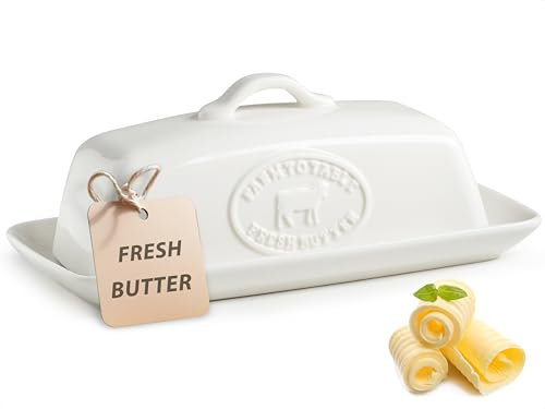 YHOJOY Butterdose mit Kuh, Keramik-Butterdose mit Deckel für Arbeitsplatte, weißes Buttertablett mit Griff, Butterhalter mit Deckel für Ost-Westküste Butteraufbewahrung