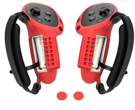 SoJumpvr Upgraded Controller Grips Cover Compatible with Meta/Oculus Quest 3 Accessories, Silicone Hand Grip Protector with Battery Opening Cover and Knuckle Straps with Sponge (Red)