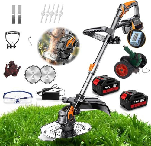 2024 Debroussailleuse Thermique Pro avec 4 Types De Lames,Taille Haie Telescopique avec 2 Batterie, avec Tête Pivotante 90° pour Jardin Élagage,Pelouses (Il y a des Roues)