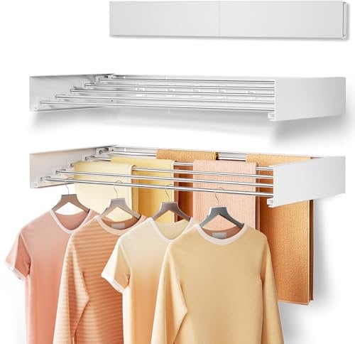 Vasunray étendoir Mural Pliable pour vêtements, séchoir à Linge Rabattable Invisible, Gain de Place, rétractable pour Serviettes, avec gabarit de Fixation (5 Barres de séchage, Blanc 80 cm)