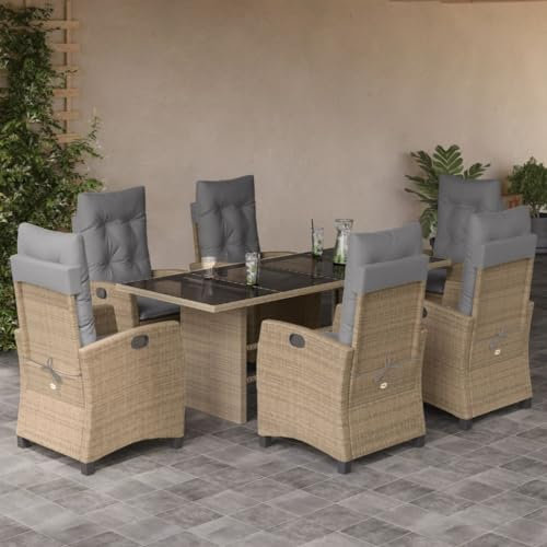 Keyroto Polyrattan Sitzgruppe mit 6 Gartenstuhl Hochlehner Verstellbar Garten Essgruppe 6 Personen Rattan Gartenmöbel Set Garten Essgruppe Gartengarnitur Sitzgarnitur Beige Type-140